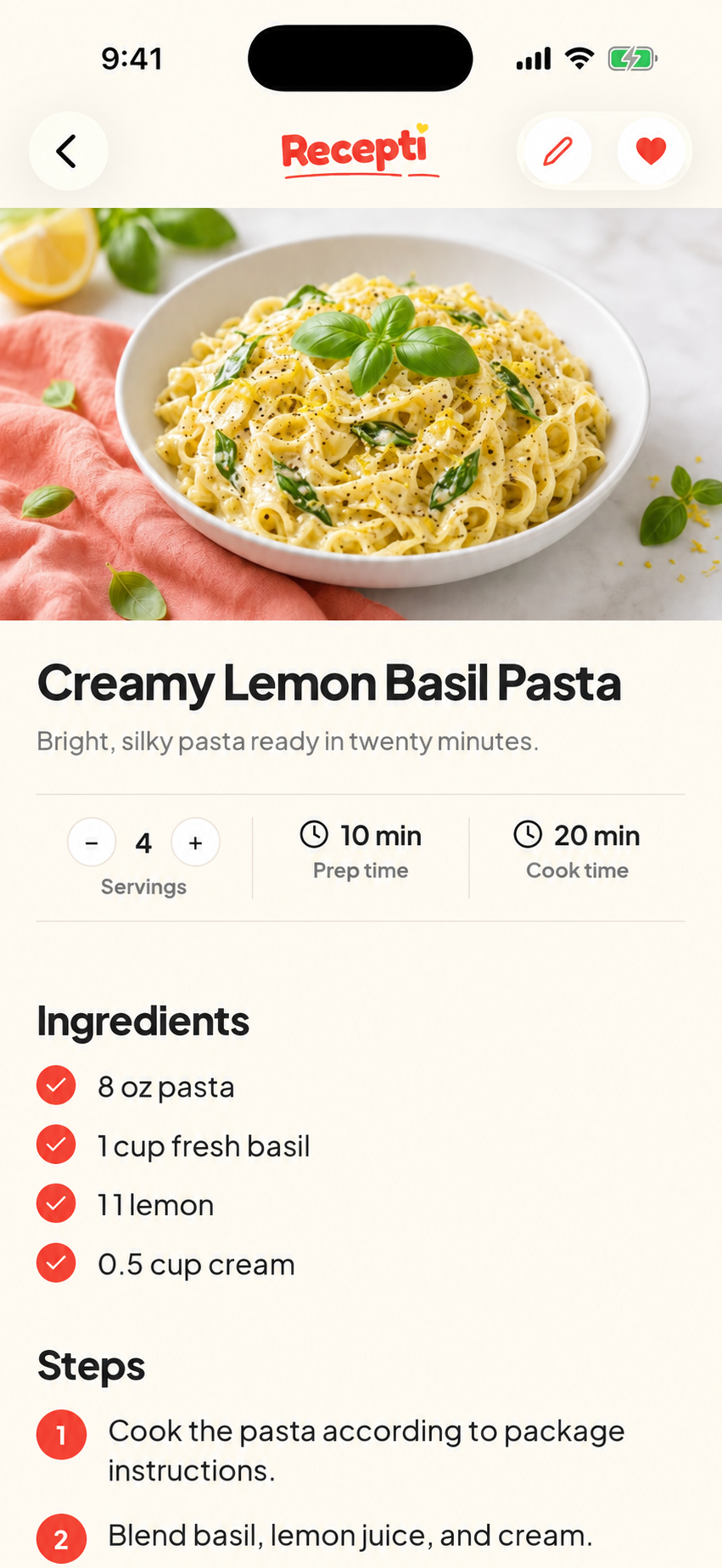 Ingredients and instructions in a saved Recepti recipe
